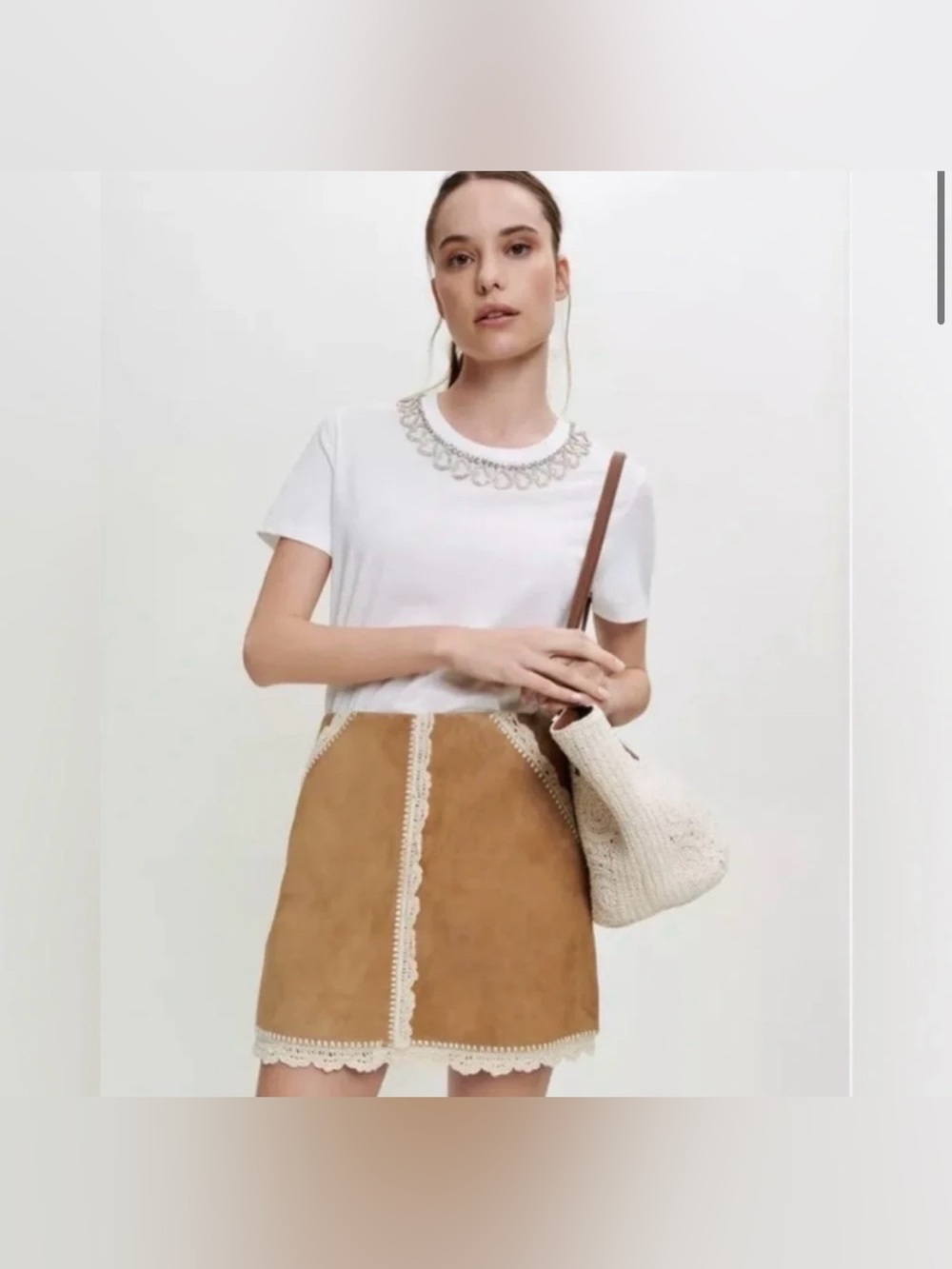 Maje Suede Skirt Jicoti Crochet Trim FR38/M - Picture 2 of 5